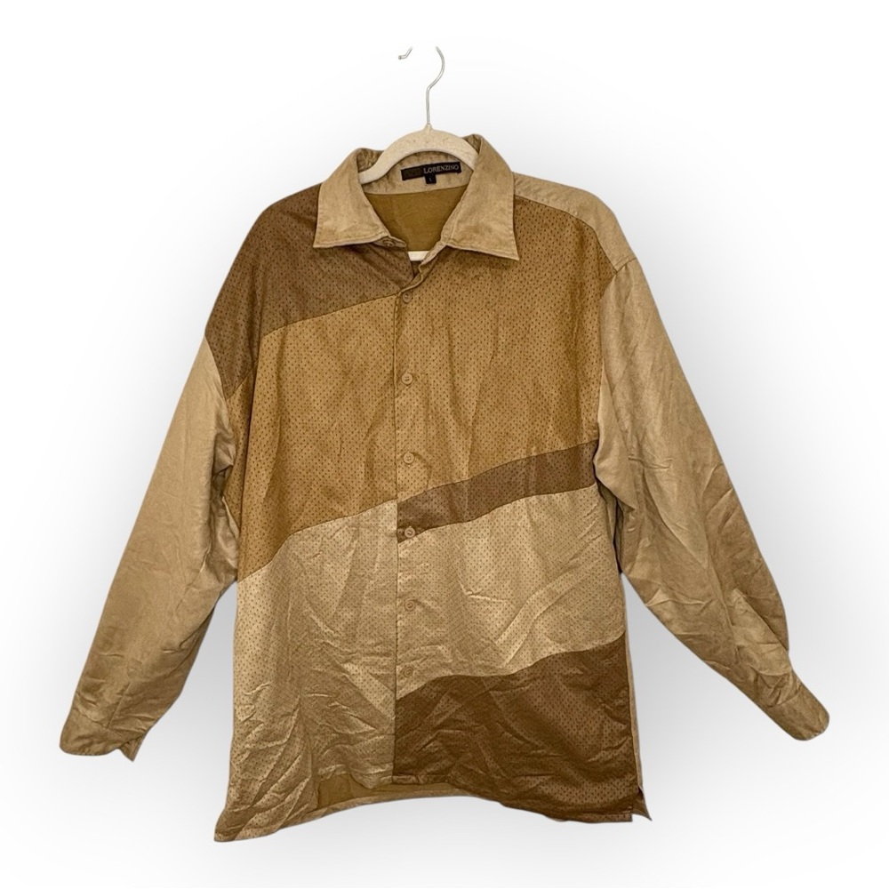 Vintage 90s Lorenzino Faux Suede Tan Brown Patchwork Button Up Shirt Large